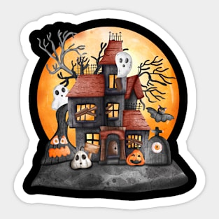 Haunted House with a full moon. Halloween Castle Watercolor. Ghost House Halloween Sticker